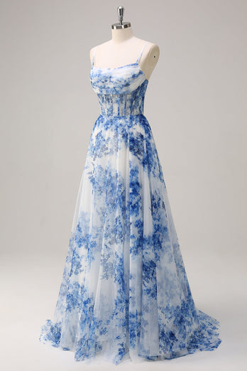 Weißblau A Linien Spaghettiträger Korsett Langes Ballkleid mit Schlitz