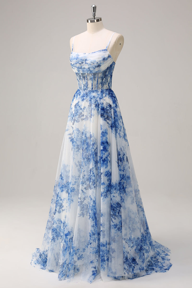 Laden Sie das Bild in den Galerie-Viewer, Weißblau A Linien Spaghettiträger Korsett Langes Ballkleid mit Schlitz