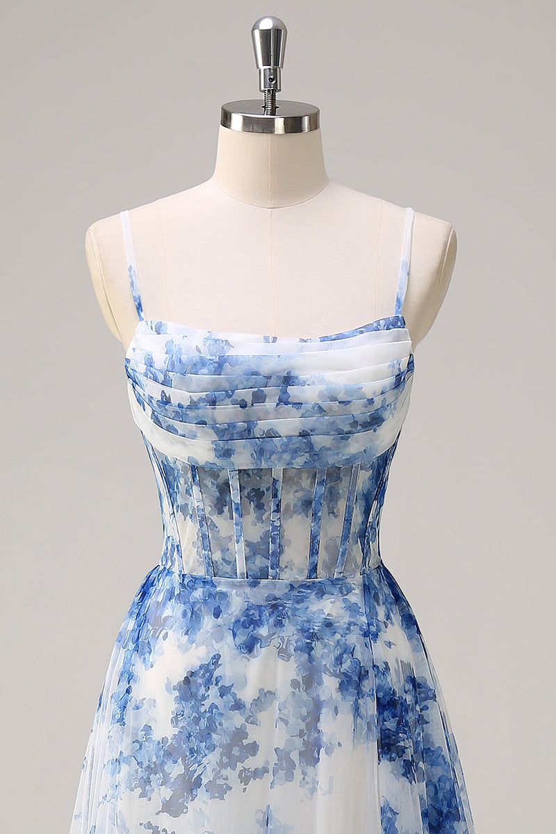 Laden Sie das Bild in den Galerie-Viewer, Weißblau A Linien Spaghettiträger Korsett Langes Ballkleid mit Schlitz