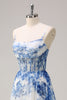Laden Sie das Bild in den Galerie-Viewer, Weißblau A Linien Spaghettiträger Korsett Langes Ballkleid mit Schlitz