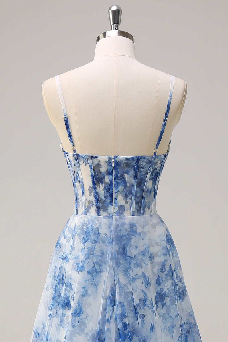 Laden Sie das Bild in den Galerie-Viewer, Weißblau A Linien Spaghettiträger Korsett Langes Ballkleid mit Schlitz