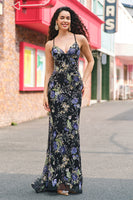 Laden Sie das Bild in den Galerie-Viewer, Glitzer Schwarz Meerjungfrau Spaghettiträger Langes Ballkleid