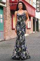 Laden Sie das Bild in den Galerie-Viewer, Schwarz Meerjungfrau Spaghettiträger Langes Ballkleid mit Pailletten