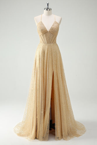 Glitzer Gold A Line Spaghettiträger Korsett Langes Ballkleid mit Schlitz