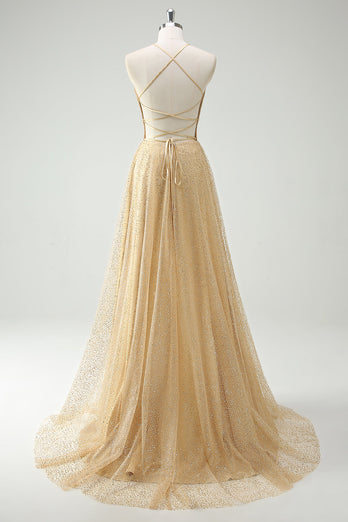 Glitzer Gold A Line Spaghettiträger Korsett Langes Ballkleid mit Schlitz