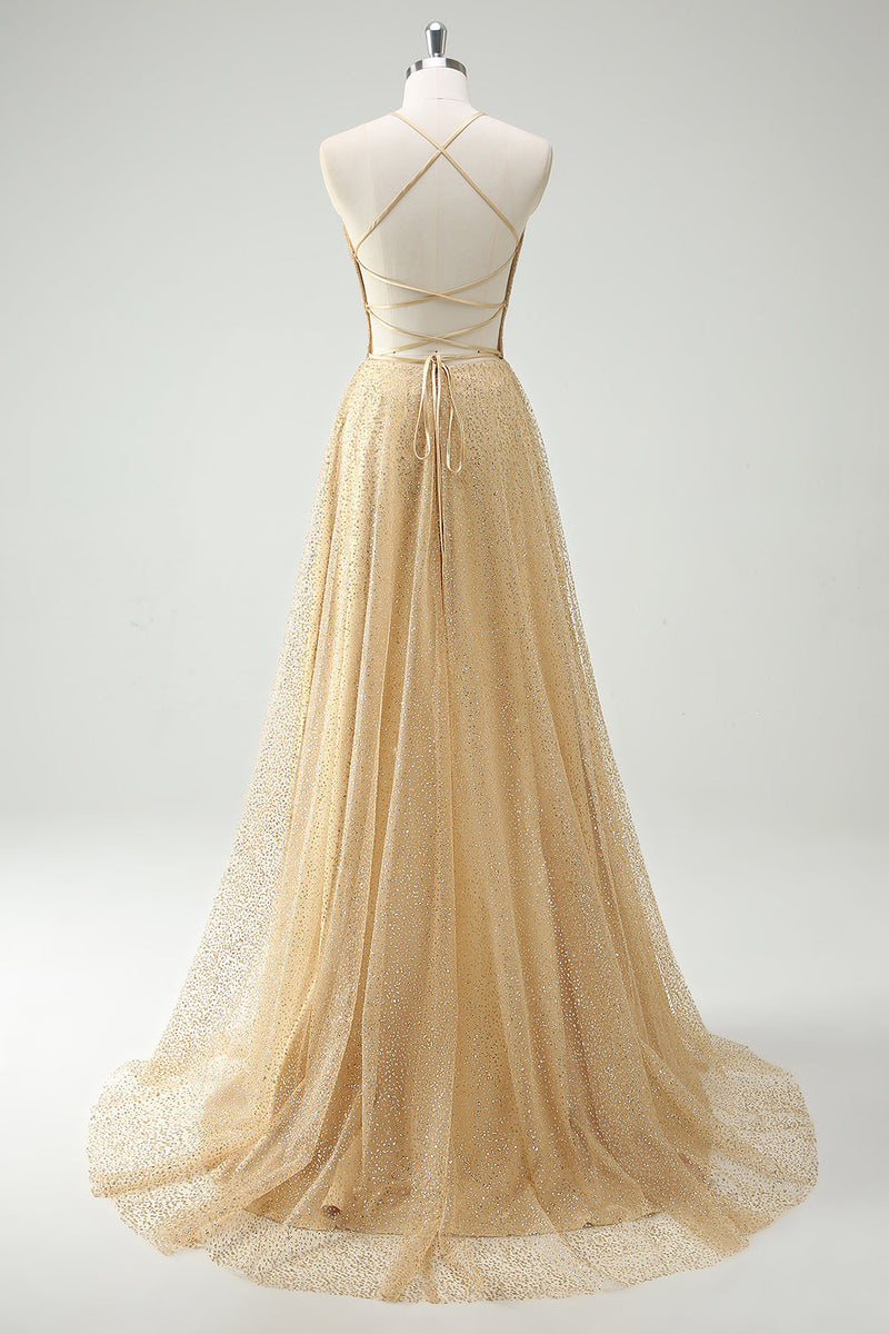 Laden Sie das Bild in den Galerie-Viewer, Glitzer Gold A Line Spaghettiträger Korsett Langes Ballkleid mit Schlitz