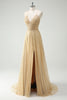 Laden Sie das Bild in den Galerie-Viewer, Glitzer Gold A Line Spaghettiträger Korsett Langes Ballkleid mit Schlitz