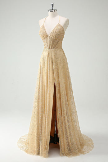 Glitzer Gold A Line Spaghettiträger Korsett Langes Ballkleid mit Schlitz