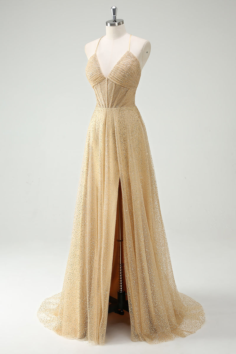Laden Sie das Bild in den Galerie-Viewer, Glitzer Gold A Line Spaghettiträger Korsett Langes Ballkleid mit Schlitz
