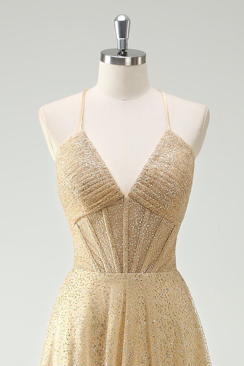 Laden Sie das Bild in den Galerie-Viewer, Glitzer Gold A Line Spaghettiträger Korsett Langes Ballkleid mit Schlitz