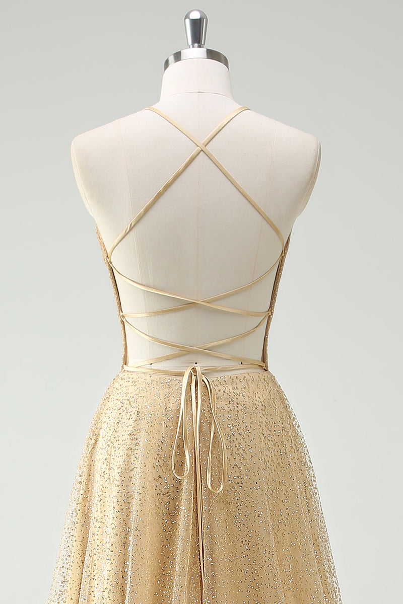 Laden Sie das Bild in den Galerie-Viewer, Glitzer Gold A Line Spaghettiträger Korsett Langes Ballkleid mit Schlitz