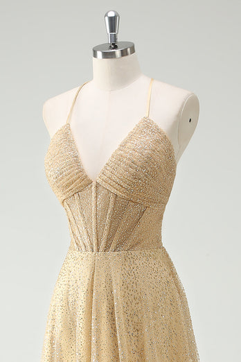 Glitzer Gold A Line Spaghettiträger Korsett Langes Ballkleid mit Schlitz