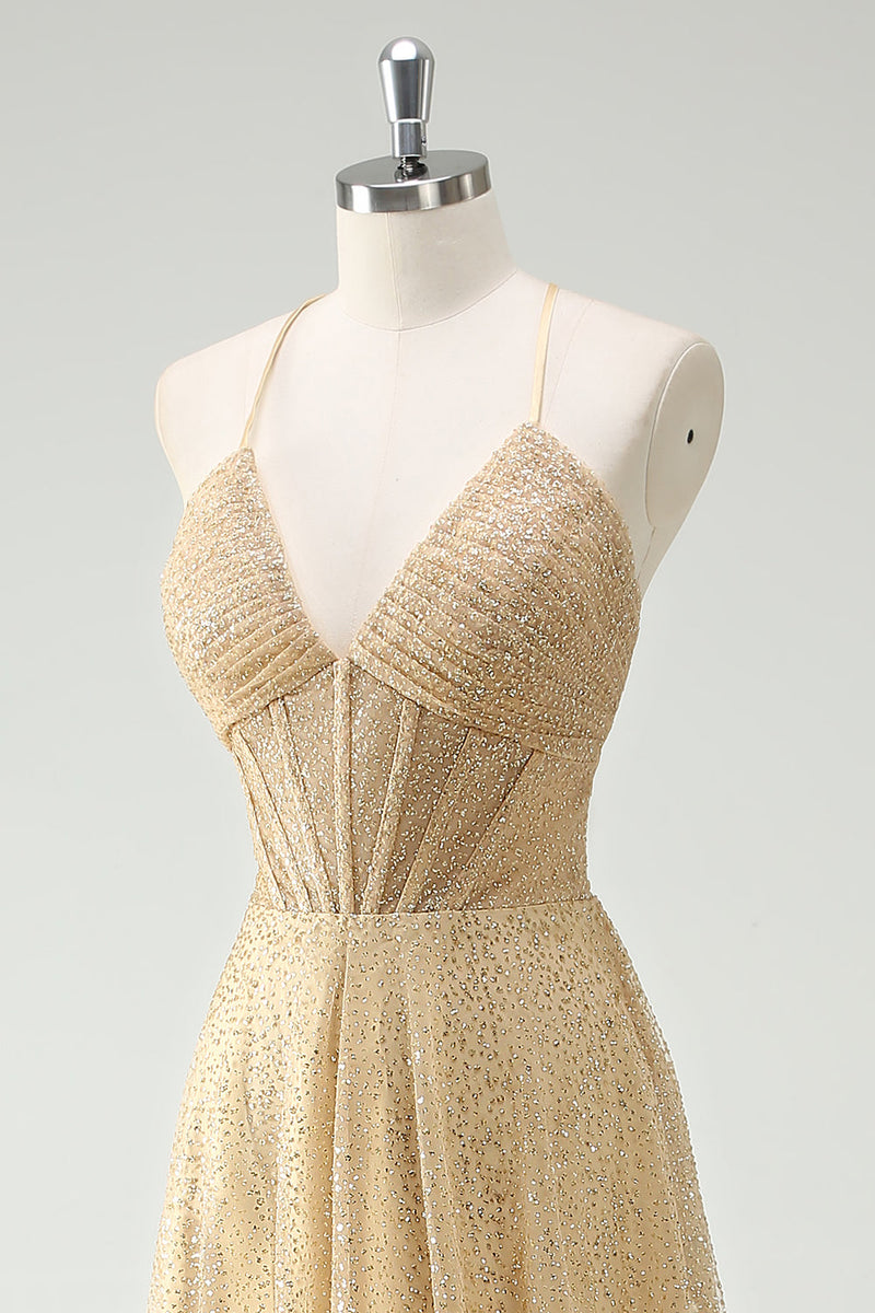 Laden Sie das Bild in den Galerie-Viewer, Glitzer Gold A Line Spaghettiträger Korsett Langes Ballkleid mit Schlitz