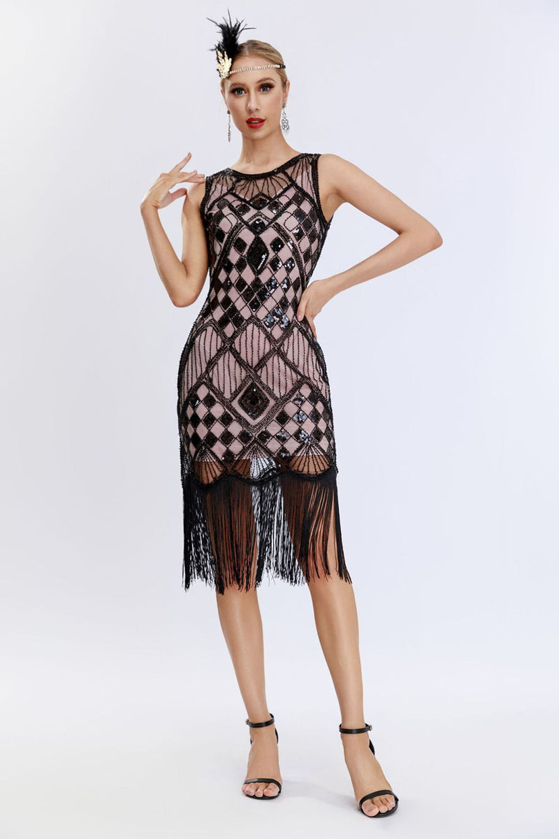 Laden Sie das Bild in den Galerie-Viewer, Schwarz Pailletten Rundhals Ausschnitt Bodycon 20er Jahre Kleid mit Fransen