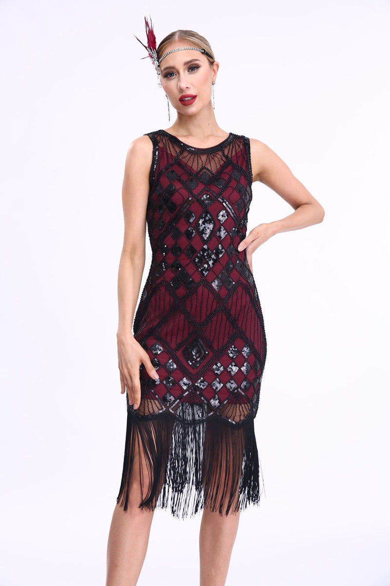 Laden Sie das Bild in den Galerie-Viewer, Schwarz Pailletten Rundhals Ausschnitt Bodycon 20er Jahre Kleid mit Fransen