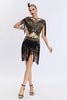 Laden Sie das Bild in den Galerie-Viewer, Queedancer Women Sparkly 1920s Flapper Dress with Fringes Boat Neck Black Golden Sequined Short Vintage Dress