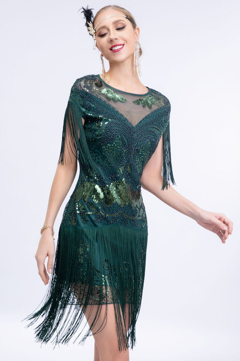 Laden Sie das Bild in den Galerie-Viewer, Glitzernd Grau Pailletten Kurz Rundhals Ausschnitt 20er Jahre Kleid mit Fransen