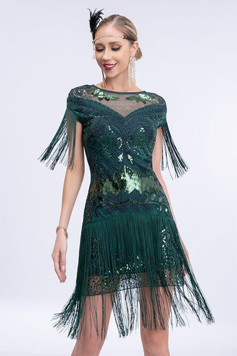 Laden Sie das Bild in den Galerie-Viewer, Glitzernd Grau Pailletten Kurz Rundhals Ausschnitt 20er Jahre Kleid mit Fransen