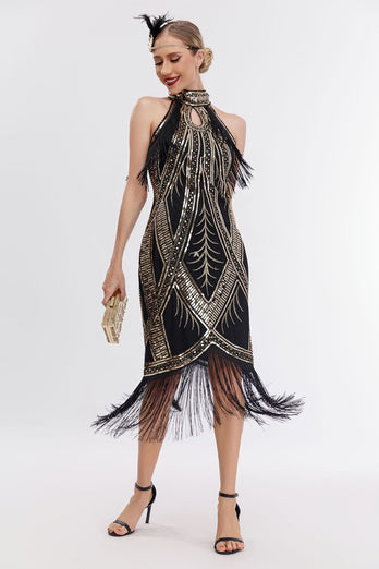 Champagner Kragen Fransen Neckholder 20er Jahre Kleid mit Pailletten