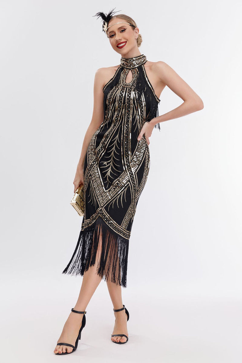 Laden Sie das Bild in den Galerie-Viewer, Champagner Kragen Fransen Neckholder 20er Jahre Kleid mit Pailletten