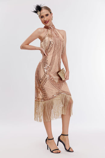 Champagner Kragen Fransen Neckholder 20er Jahre Kleid mit Pailletten
