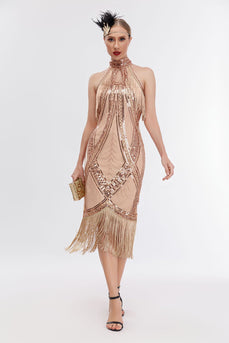 Champagner Kragen Fransen Neckholder 20er Jahre Kleid mit Pailletten