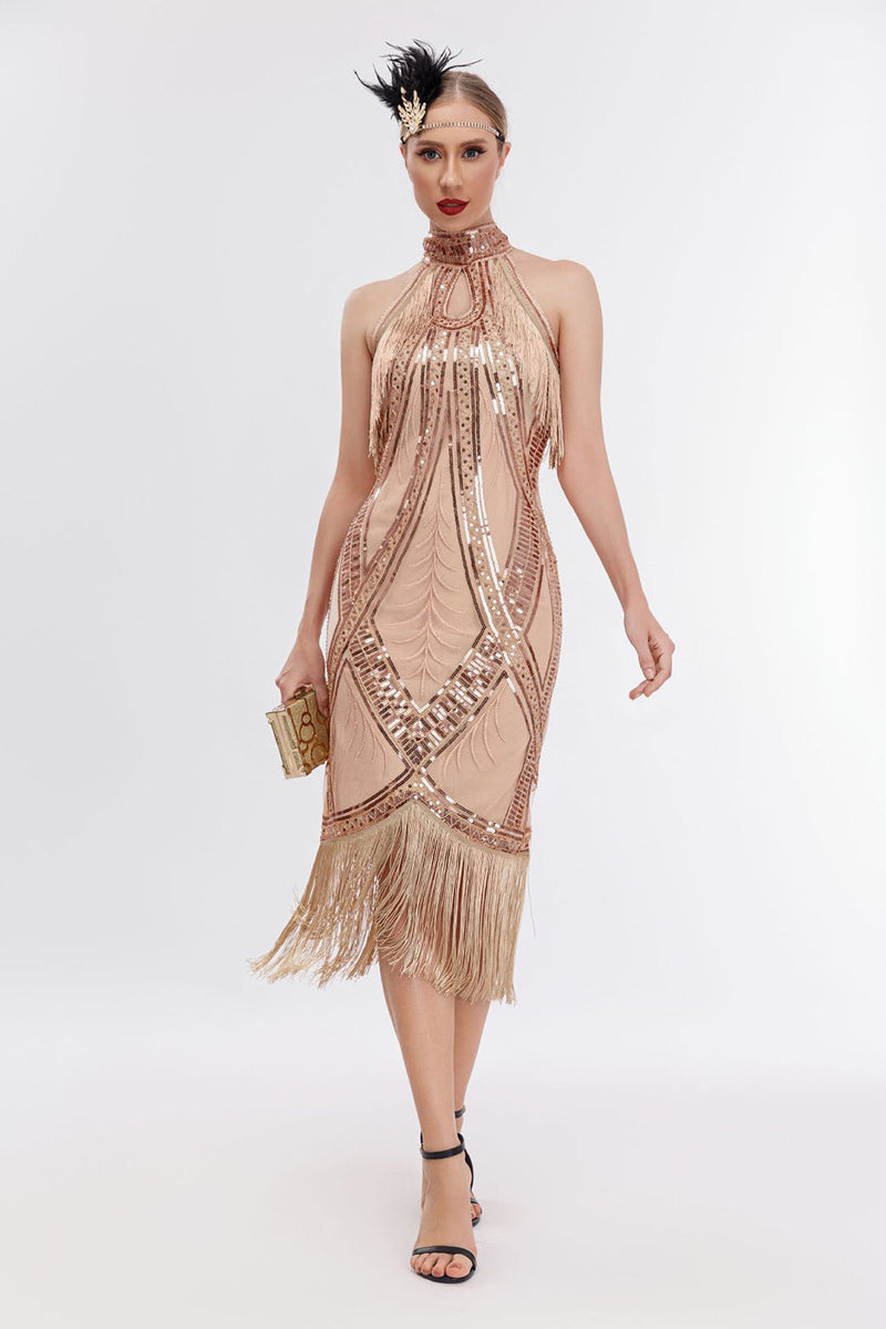 Laden Sie das Bild in den Galerie-Viewer, Champagner Kragen Fransen Neckholder 20er Jahre Kleid mit Pailletten