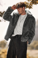 Laden Sie das Bild in den Galerie-Viewer, Dunkelgrauer kurzer Herrenmantel aus Kunstpelz mit Drehkragen und Reißverschluss