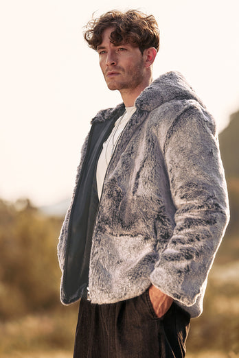 Grauer Herren Midi-Wintermantel aus Lammfell mit Kapuze