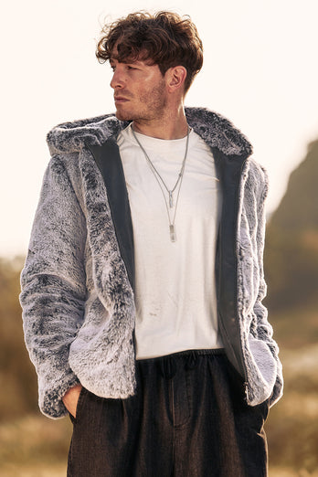 Grauer Herren Midi-Wintermantel aus Lammfell mit Kapuze