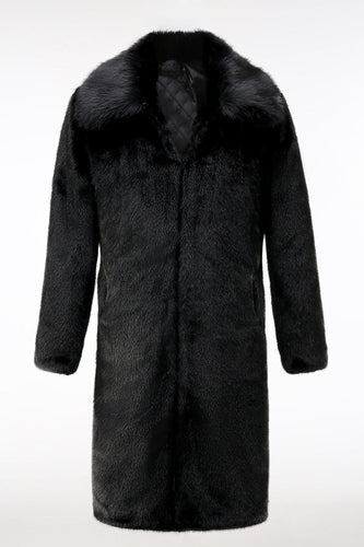Flauschiger Schwarzer Herren Wintermantel aus Kunstpelz mit Taschen