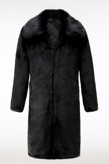Flauschiger Schwarzer Herren Wintermantel aus Kunstpelz mit Taschen