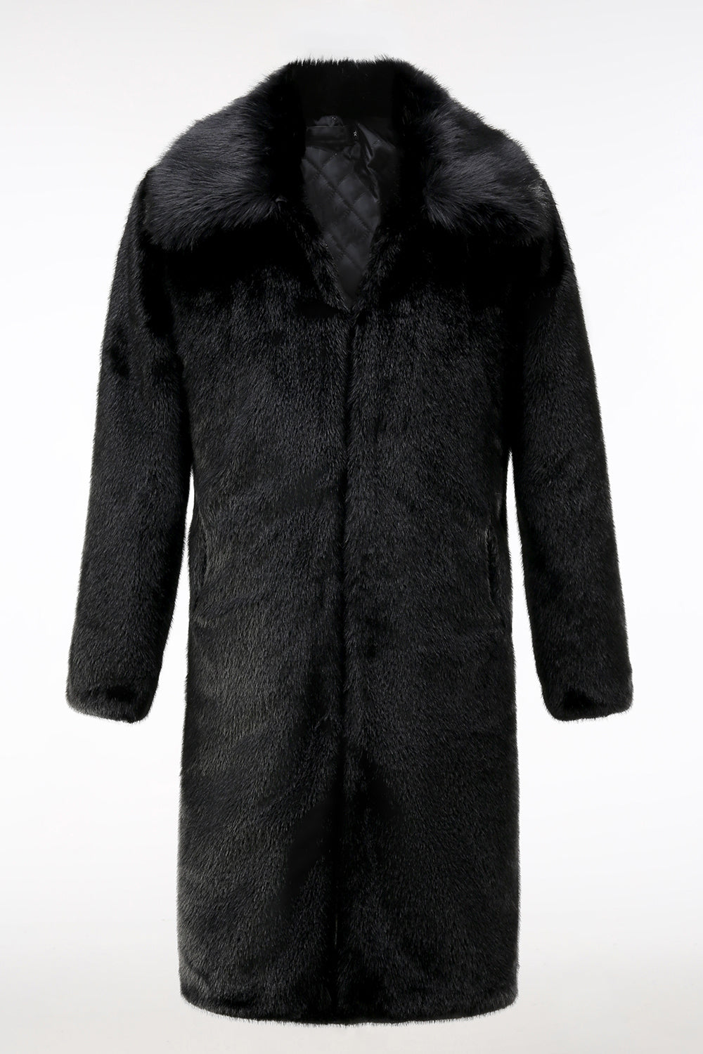 Flauschiger Schwarzer Herren Wintermantel aus Kunstpelz mit Taschen