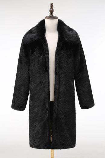 Flauschiger Schwarzer Herren Wintermantel aus Kunstpelz mit Taschen