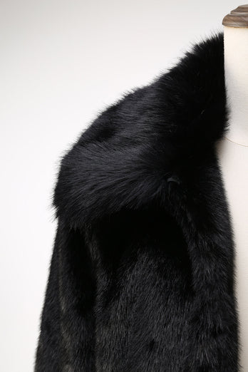 Flauschiger Schwarzer Herren Wintermantel aus Kunstpelz mit Taschen
