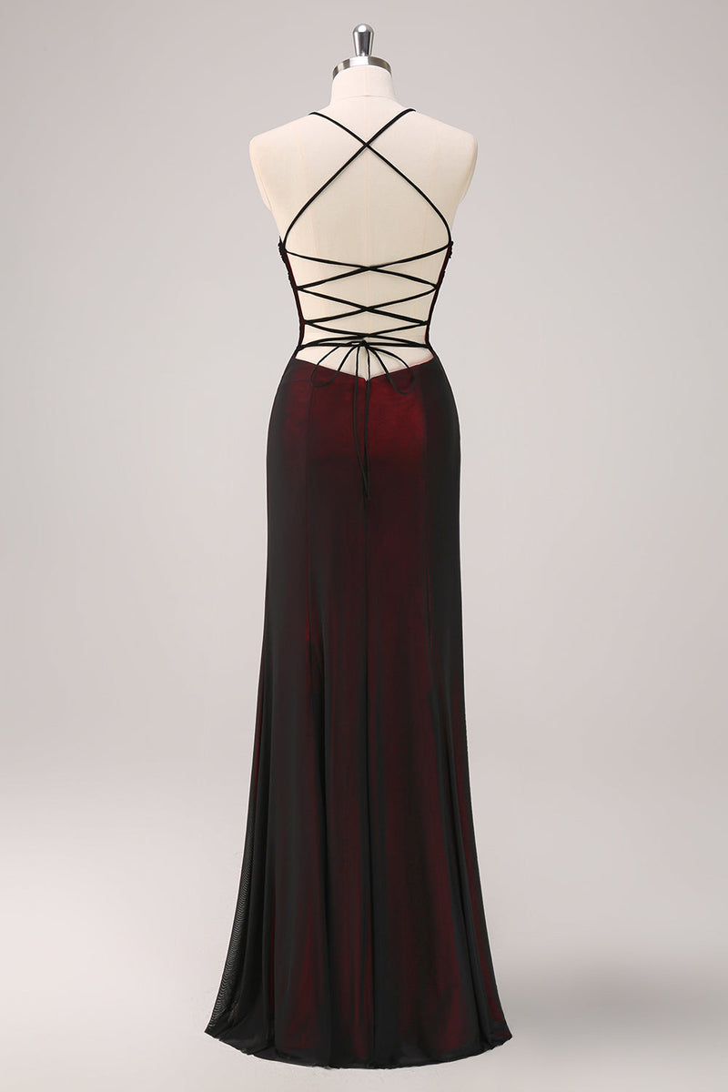 Laden Sie das Bild in den Galerie-Viewer, Schwarz Rot Spaghettiträger Meerjungfrau Abendkleid mit Perlenbesatz