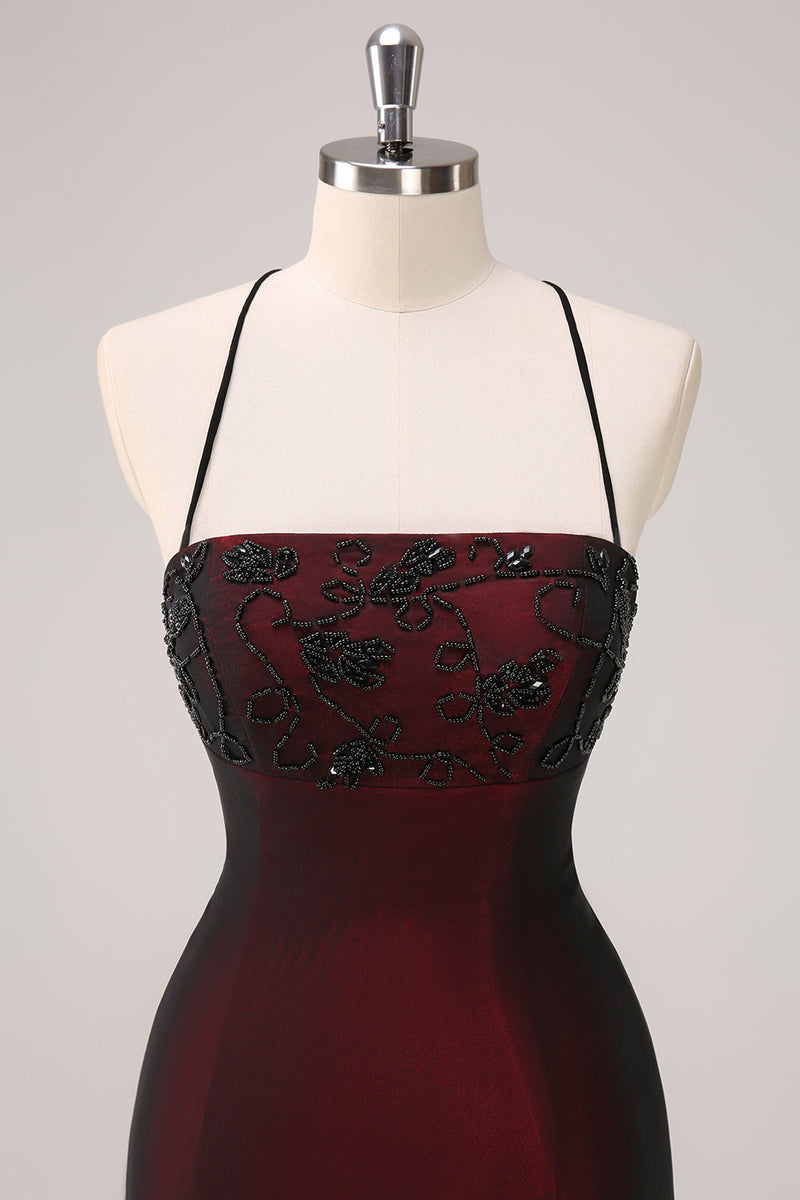 Laden Sie das Bild in den Galerie-Viewer, Schwarz Rot Spaghettiträger Meerjungfrau Abendkleid mit Perlenbesatz