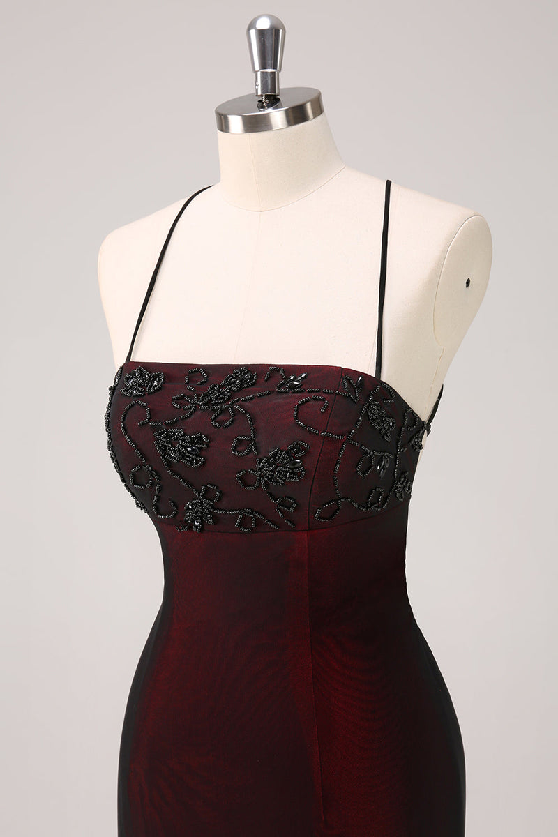 Laden Sie das Bild in den Galerie-Viewer, Schwarz Rot Spaghettiträger Meerjungfrau Abendkleid mit Perlenbesatz