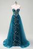 Laden Sie das Bild in den Galerie-Viewer, Pfauenblau A Linien Korsett Langes Ballkleid mit Schlitz