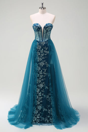 Pfauenblau A Linien Korsett Langes Ballkleid mit Schlitz