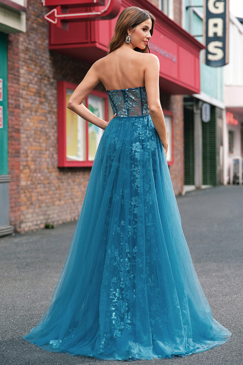 Laden Sie das Bild in den Galerie-Viewer, Pfauenblau A Linien Rückenfrei Korsett Langes Ballkleid mit Schlitz
