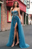 Laden Sie das Bild in den Galerie-Viewer, Pfauenblau A Linien Rückenfrei Korsett Langes Ballkleid mit Schlitz
