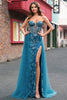 Laden Sie das Bild in den Galerie-Viewer, Pfauenblau A Linien Rückenfrei Korsett Langes Ballkleid mit Schlitz