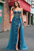 Laden Sie das Bild in den Galerie-Viewer, Pfauenblau A Linien Rückenfrei Korsett Langes Ballkleid mit Schlitz