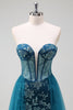 Laden Sie das Bild in den Galerie-Viewer, Pfauenblau A Linien Korsett Langes Ballkleid mit Schlitz