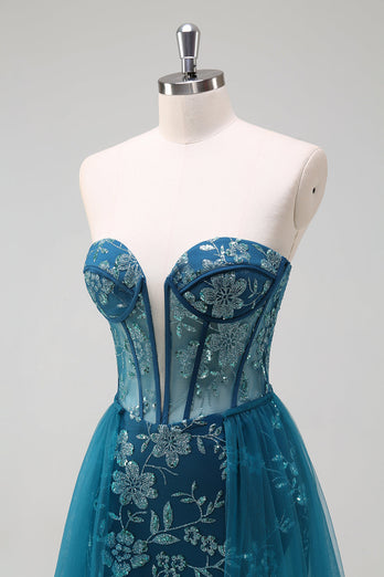 Pfauenblau A Linien Korsett Langes Ballkleid mit Schlitz