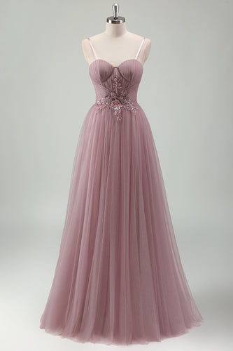 Glitzer Graues Lila A Linie Korsett Spaghettiträger Langes Abendkleid