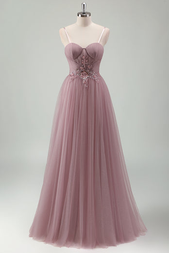 Glitzer Graues Lila A Linie Korsett Spaghettiträger Langes Abendkleid
