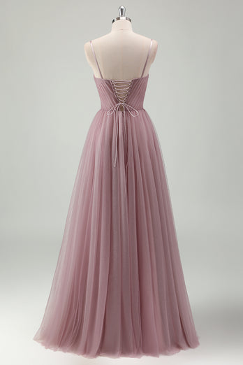 Glitzer Graues Lila A Linie Korsett Spaghettiträger Langes Abendkleid