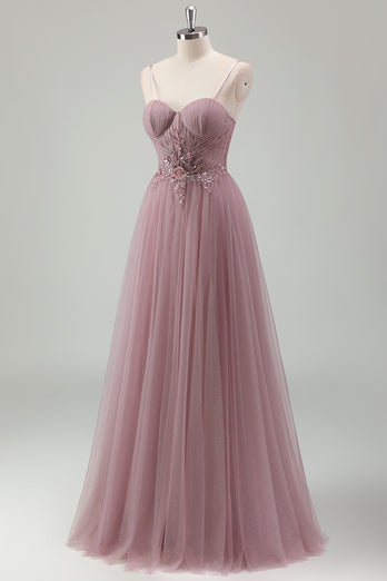 Glitzer Graues Lila A Linie Korsett Spaghettiträger Langes Abendkleid